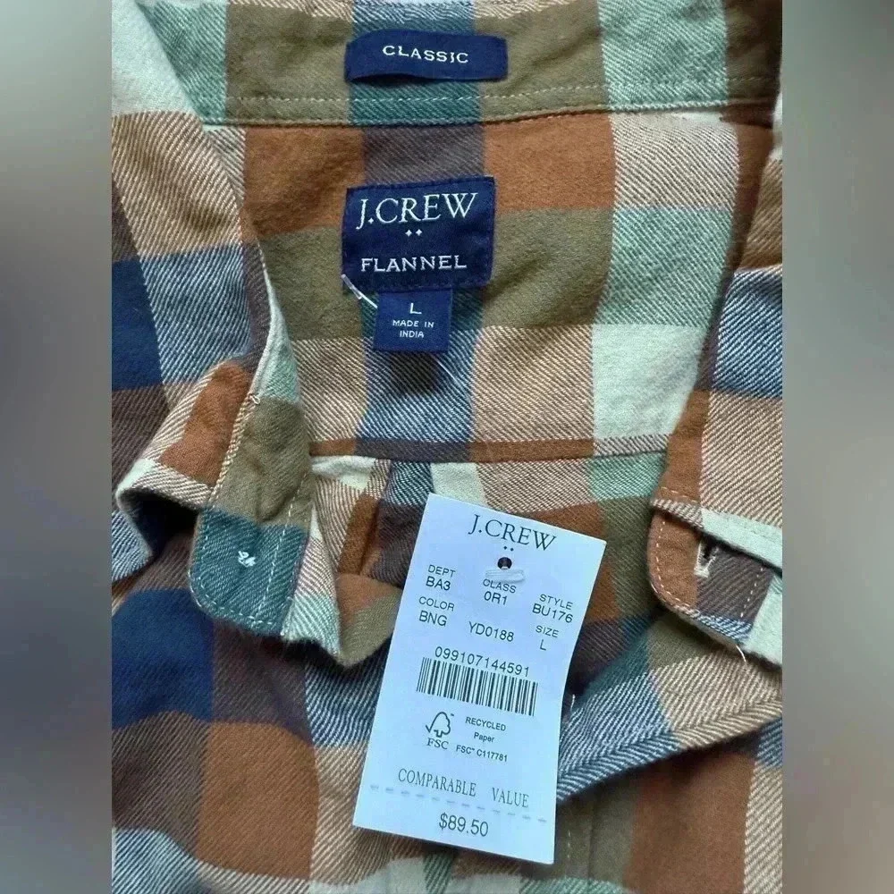 NWT J. Crew Men’s Classic Gingham Plaid Long-Sleeve Flannel Shirt - Size Large